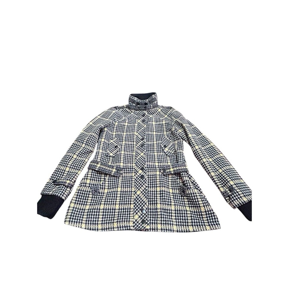 BKE Buckle Coat Women’s Sz XL Wool Blend Black & Gold Plaid Lined Front Pockets